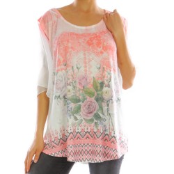 Romantic ethnic tee shirt coral with flowers